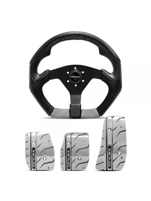 Volante Esportivo Shutt S3R BL2 Preto Cinza Sem Cubo Universal + Jogo Pedaleiras Esportivas Cromado