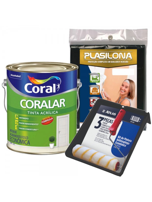 Kit Tinta Acrílica Coralar Branco Neve 3,6 Litros Coral + Jogo de Pintura Antirrespingo com 3 Peças Pincéis Atlas + Lona Plástica 5 x 4 Metros Plasitap